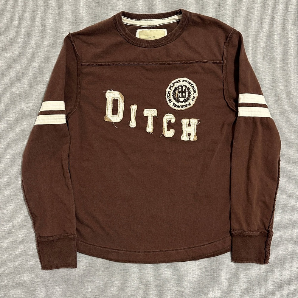 Ditch Plains‎ NY Distressed Football Jersey Long Sleeve Shirt Mens Large Brown